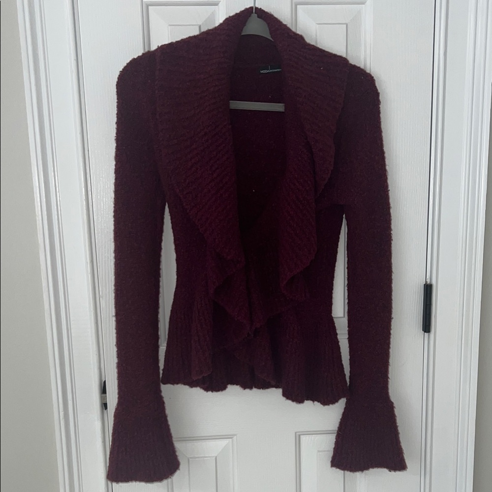 Moda International Deep Red Ruffled Cardigan